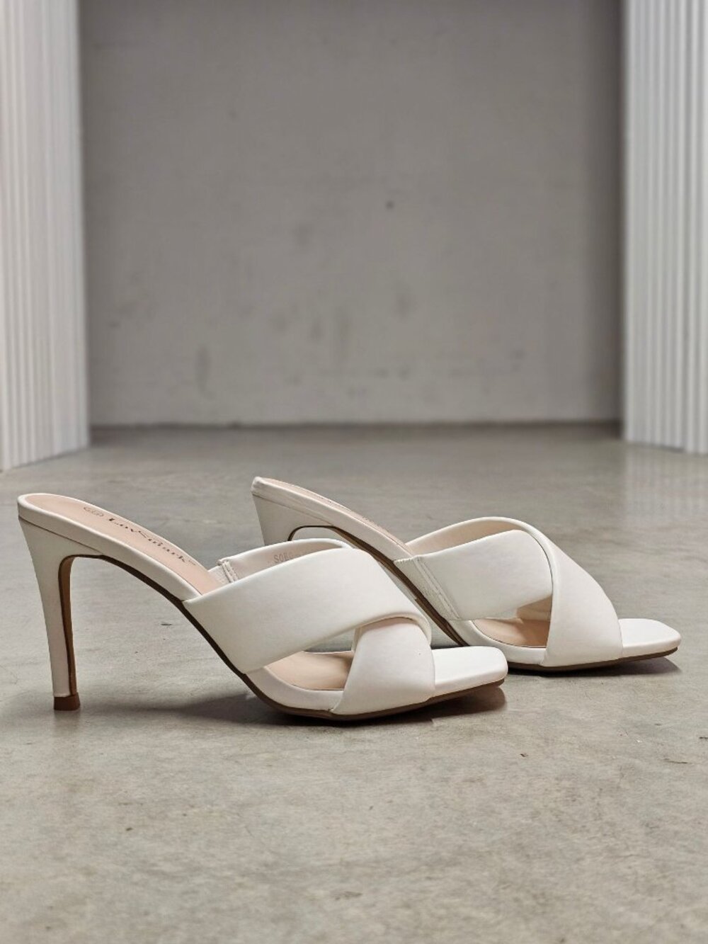 White Cross Strap Stiletto Heel Mules With Square Toe Design For Women